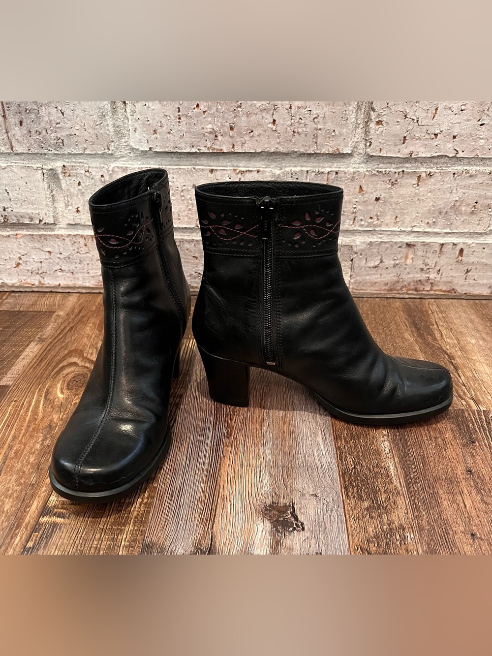 Clarks Black Leather Ankle Boots with Cutout Accent